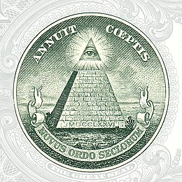This pictorial element of the one-dollar bill shows an incomplete pyramid, emblazoned with the Eye of Providence and the Latin inscription Annuit coeptis. Below it is the inscription Novus ordo seclorum - for many conspiracy theorists an important proof of a global conspiracy of the Illuminati Order or the Freemasons.