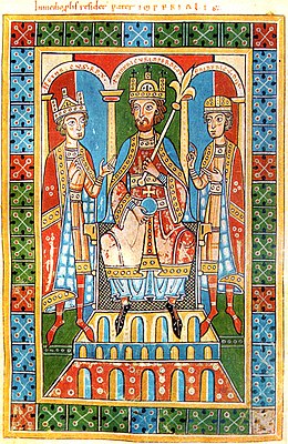 The enthroned Emperor Frederick Barbarossa with bow crown, orb and sceptre between his sons Henry VI, who already wears the royal crown, and Frederick of Swabia with ducal hat; miniature from the Historia Welforum (Fulda, Hessische Landesbibliothek, Cod. D. 11, fol. 14r).