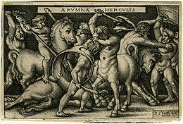 Hercule luptându-se cu Centaurii, gravură de Sebald Beham