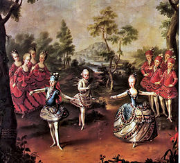 メタスタシオの【イル・トリオンフォ・ダモーレ】で踊るオーストリアのマリア・テレジアの子供たち]の誤り。{{lang}}: テキストにイタリック体のマークアップがあります (ヘルプ) 。右の少女はマリー・アントワネット