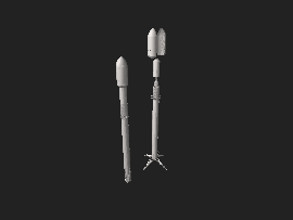 Interactief 3D-model van de Falcon 9, links volledig geïntegreerd en rechts in exploded view.  