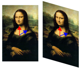 Illustration d'une transformation (de Mona Lisa) : L'image est transformée de telle sorte que la flèche rouge (vecteur) ne change pas de direction, mais que la flèche bleue le fasse. Le vecteur rouge est donc un vecteur propre de cette transformation, le bleu ne l'est pas. Comme le vecteur rouge ne change pas de longueur, sa valeur propre est de 1. La transformation utilisée est appelée "shear mapping".