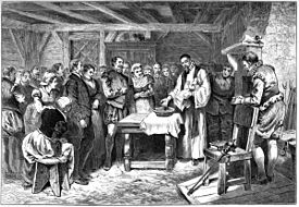 北米で生まれた最初のイギリス人子女、ヴァージニア・デアの洗礼式。リトグラフ、1880年
