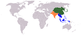 Een beeld van de "Oosterse wereld", gedefinieerd als het "Verre Oosten", bestaande uit drie elkaar overlappende culturele blokken: Oost-Azië, Zuidoost-Azië, en Zuid-Azië.