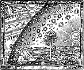 フラマリオンの木版画。フラマリオンは「中世の宣教師が 天と地が出会う地点を 見つけたと言っている」と書いています"