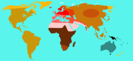 O mapa bastante complexo de 'categorias raciais' de Huxley de Sobre a distribuição geográfica das principais modificações da humanidade de 1870.      1: Bustos 2: Negros 3: Negritos 4: Melanochroi 5: Australóides 6: Xanthochroi 7: Polinésios 8: Mongolóides A 8: Mongolóides B 8: Mongolóides C 9: Estados de Esquimaux Huxley: "É para os Xanthochroi e Melanochroi, tomados em conjunto, que a denominação absurda de "caucasiano" é geralmente aplicada".