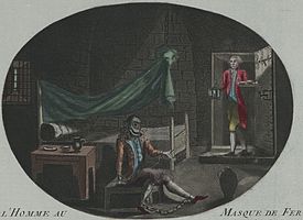 L'Homme au Masque de Fer (De man met het ijzeren masker). Anonieme prent (ets en mezzotint, met de hand ingekleurd) uit 1789. Volgens het bijschrift op het origineel (hier niet te zien) was de Man met het IJzeren Masker Louis de Bourbon, comte de Vermandois, een buitenechtelijke zoon van Lodewijk XIV.