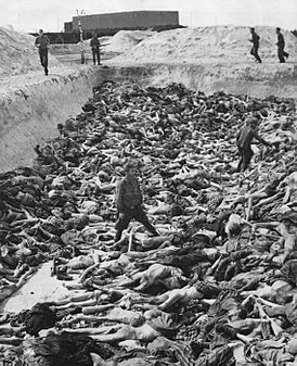 Een massagraf van lijken in het Nazi concentratiekamp Bergen-Belsen  