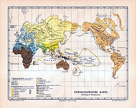 Kaart van Meyers (1885-90) met uitsplitsing van Hongaren, Finnen, Amerikaanse Indianen (Amerindianen) en Turkische volkeren bij het "Mongoloïde ras" en Semieten bij het "blanke ras"