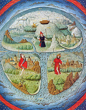 Adaptare din secolul al XV-lea a unei hărți T și O. Acest tip de mapamond medieval ilustrează doar partea accesibilă a unui Pământ rotund.  