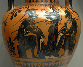 Achilles and Ajax playing, Attic black-figure amphora, ca. 510 B.C., Getty Villa (86.AE.81).