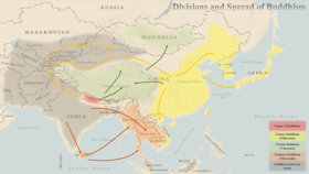 Mapa pokazująca rozprzestrzenianie się i główne odłamy buddyzmu