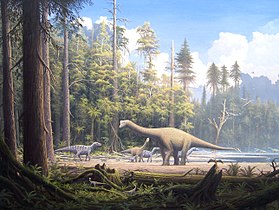 Dinosaurussen getoond tussen moderne bomen  