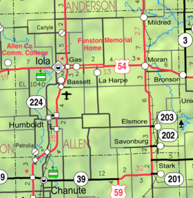 Allenin piirikunnan KDOT-kartta vuodelta 2005 (kartan selitys).  