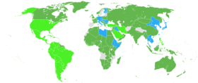 Mapa świata narodów, które walczyły w II wojnie światowej. Narody sojusznicze są w kolorze zielonym (te w jasnozielonym weszły po ataku na Pearl Harbor), narody Osi w kolorze niebieskim, a kraje neutralne w szarym.
