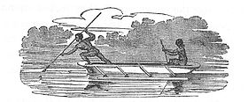 "Domorodci na řece Endeavour v kánoi při rybolovu." Z průzkumu Phillipa Parkera Kinga. 1818.