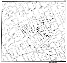 Mapa del cólera de John Snow sobre las muertes por cólera en Londres en la década de 1840, publicado en 1854  