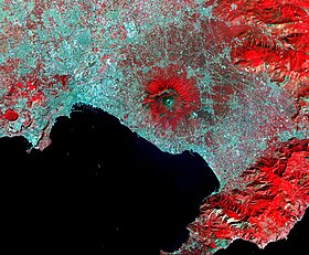 Mount Vesuvius on 26 September 2000, taken from the Terra satellite. The ASTER measuring instrument on board records images in the range of the electromagnetic spectrum up to the thermal infrared. The sea level, surface temperature, reflectivity and emissivity of the volcano can be derived from the image.