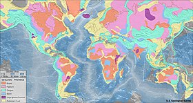 Geological breakdown of the Earth's crust: shades of grey indicate oceanic crust, all other colours indicate continental crust, which, however, also underlies marine areas to a lesser extent.