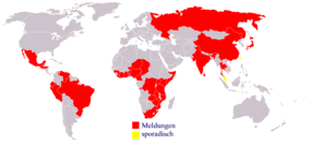 Cholera prevalence in the world (as of 2004)