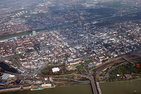 Aerial view of the city center, which lies between the Rhine and Neckar rivers