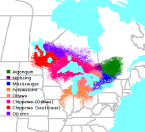 Distribution of the Anishinaabe(g) tribal groups around 1800 (including the Ojibwa/Chippewa)