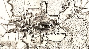 Eilenburg in a cabinet map around 1762 by Isaak Jacob von Petri, at that time still called Eulenburg