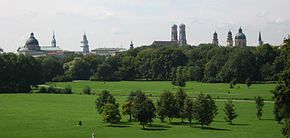 English Garden, view from Monopteros Temple f. l. t. r.: Bavarian State Chancellery, Alter Peter, New City Hall, Residence, Frauenkirche, Theatinerkirche, St. Salvator