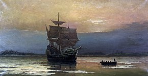 Mayflower in de haven van Plymouth door William Halsall (1899)
