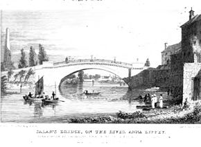 "Sarah's Bridge on the River Anna Liffey" (1831) Sarah's Bridge heet tegenwoordig Island Bridge. Links op de foto is het toen nieuwe Wellington Monument in Phoenix Park te zien.  