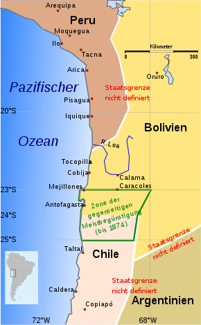 Distribution of territory before the war. Bolivia then had wide access to the sea in the disputed area. The 24th parallel was the north-south border with Chile, and the "zone of mutual most-favoured-nation" (outlined in green) was dissolved in 1874. Argentina's border areas were also disputed: the Puna de Atacama and eastern Tarija.