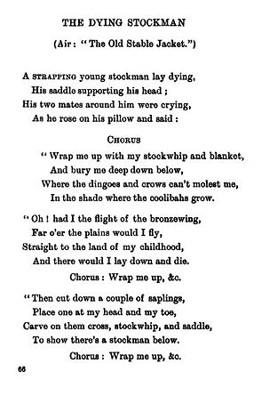 Pirmā lappuse no "The Dying Stockman", krūmu balādes, kas publicēta Banjo Patersona 1905. gada krājumā "The Old Bush Songs".