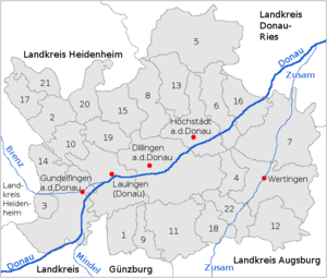 Dillingenin piirikunta (Landkreis) - numerot kartassa: katso myös vastakkainen luettelo.  