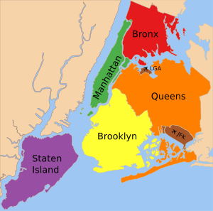 De vijf stadsdelen: 1. Manhattan 2. Brooklyn 3. Brooklyn Queens 4. Bronx 5. Staten Island  