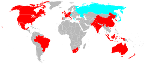 Een wereldkaart met de verdeling van de A1 GP-teams in het laatste seizoen (rood) en die ook deelnamen aan één of meer van de vorige seizoenen (blauw)