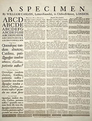 A Specimen , egy nagyméretű lap a rendelkezésre álló betűtípusok és betűtípusok példáival. Nyomtatta William Caslon, levélalapító; az 1728-as Cyclopaediából.