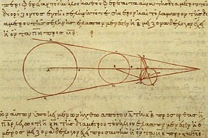 Aristarchose arvutused Päikese, Maa ja Kuu suhtelise suuruse kohta (vasakult) 3. sajandil eKr, 10. sajandist pärinevast kreeka koopiast.