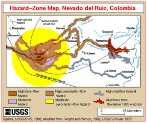 Et kort, der viser alle de større katastrofeområder, der er berørt af udbruddet  