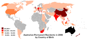 Países de nascimento da população residente estimada australiana, 2006. Fonte: Australian Bureau of Statistics