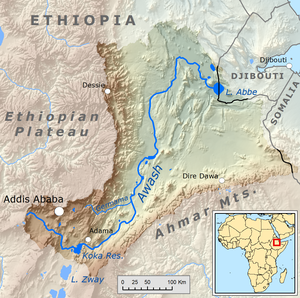 Deze kaart van het afwateringsgebied van de Awash rivier toont de geografie goed