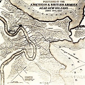 Kaart "Positie van het Amerikaanse en Britse leger bij New Orleans op 8 januari, 1815".