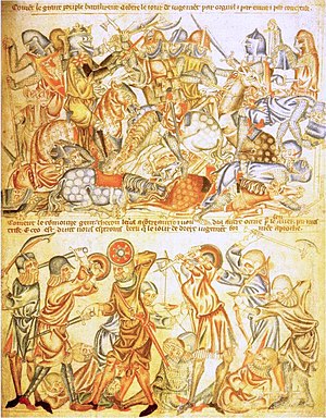 Bannockburnin taistelu kuvitettuna Holkham Bible -raamattuun, 1327-35.  