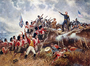 De slag om New Orleans. Generaal Andrew Jackson staat op de borstwering van zijn aardwerken die de Britten afweren.
