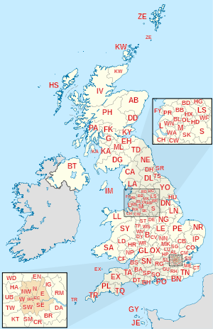 Belangrijkste afbeeldingen  Kaart met postcodegebieden in het Verenigd Koninkrijk en de onderhorigheden van de Kroon, met links naar elk postcodegebied  