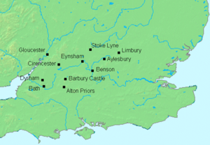 Karta över Gewisse-området (senare Wessex) i början av 600-talet.  