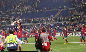 Barcelona-spelers vieren de overwinning in de Champions League 2008/09.