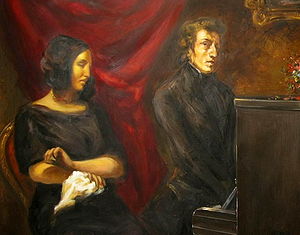 Gestileerde weergave van Delacroix' gezamenlijke portret uit 1838 van Sand en Chopin.  