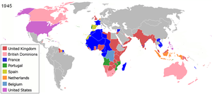 Wereldkaart van het kolonialisme aan het einde van de Tweede Wereldoorlog in 1945.  