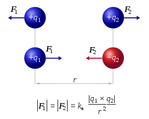 Den här bilden visar hur Coulombs kraft verkar; liknande laddningar trycker mot varandra och motsatta laddningar drar till sig varandra.  