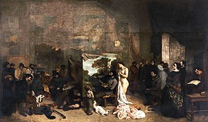 Lo studio dell'artista, 1855, 359 × 598 cm (141,33 × 235,43 in), olio su tela, Musée d'Orsay, Parigi